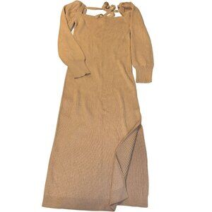 Large midi length sweater dress with slit, puff sleeve, square neck, bow tie